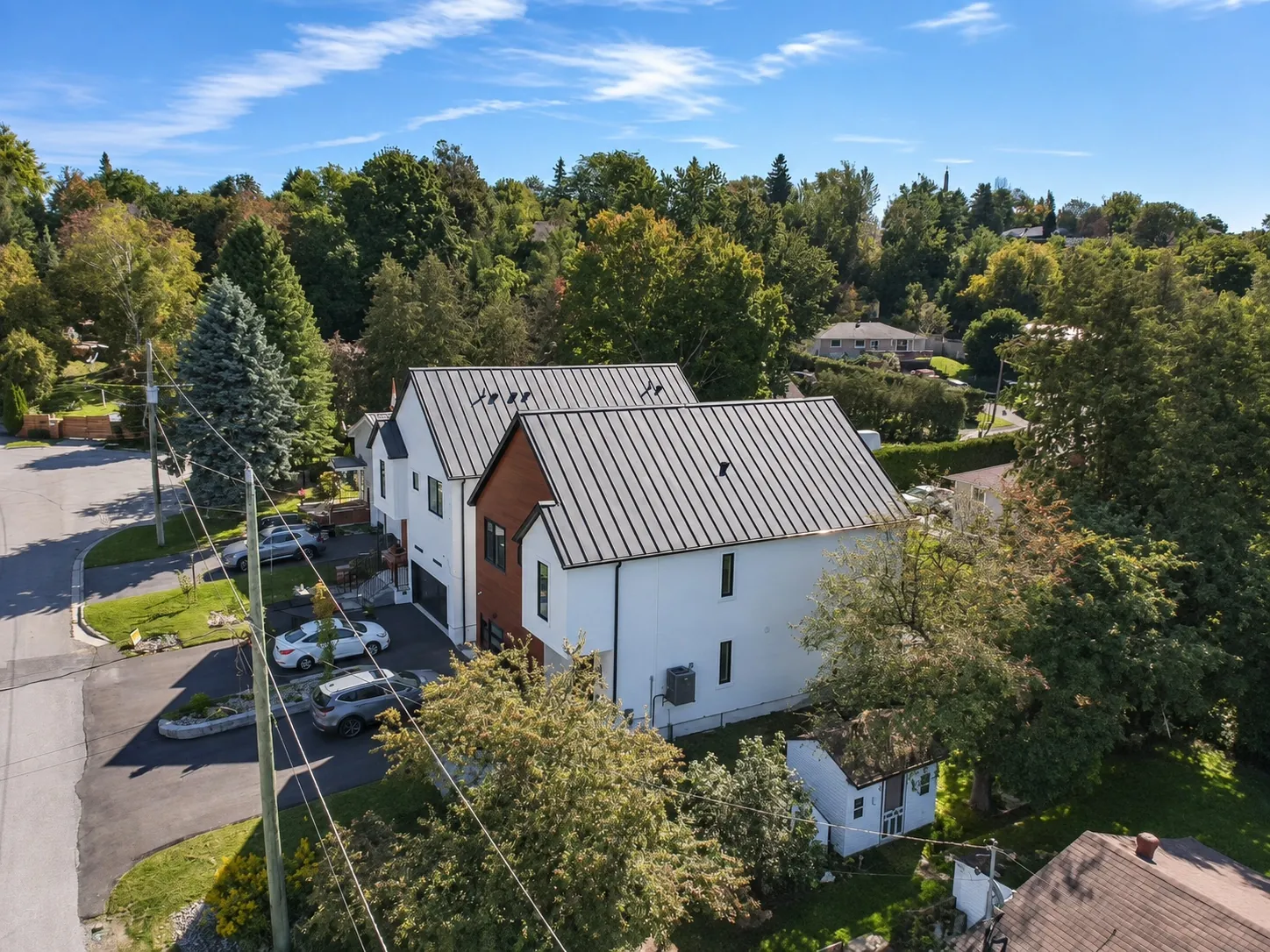 From the air: the house's black metal roof and wood-clad gable among trees, cars in the neighbouring driveways