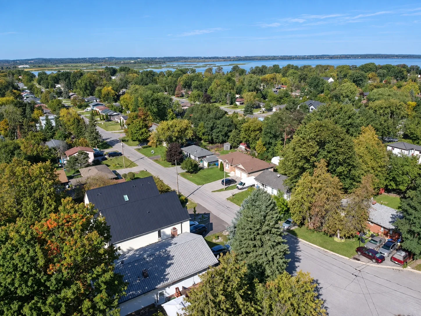 From the air, higher: the neighbourhood's roofs and trees running toward Lake Simcoe, the house at the lower left