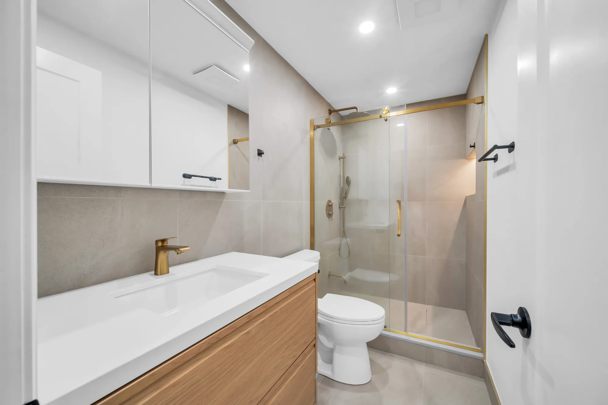 The lower level's bathroom: a white vanity with a wood front, a glass shower with a brass rain head, a toilet